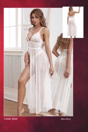 Lüx Uzun Yırtmaçlı Tül Gecelik Beyaz (6629)